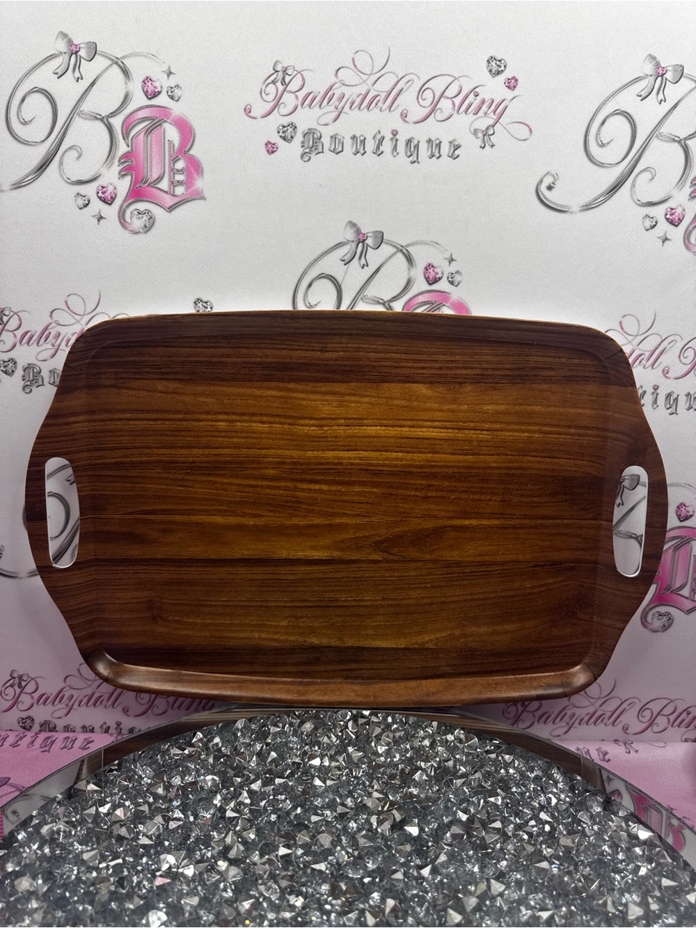 Woodgrain Serving Tray with Integrated Handles - Brown plastic